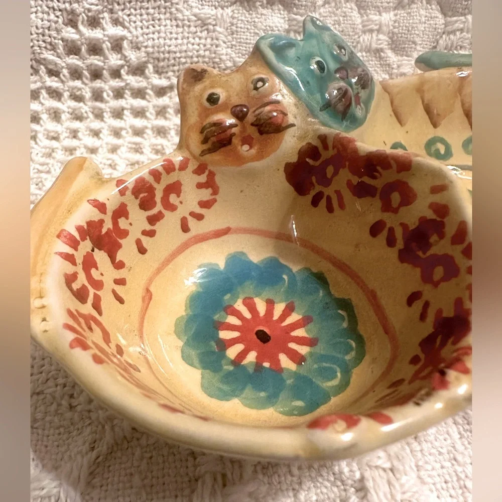 MODIGLIANI VIA CONDOTTI ROMA ITALY CAT DOUBLE BOWL POTTERY DISH NUT RELISH 6